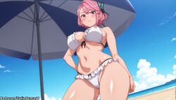 ai_generated beach beach_umbrella bikini blue_sky blush breasts butterfly_hair_ornament closed_mouth cloud covered_nipples dandadan day female frilled_bikini frills from_below hair_ornament hand_on_own_hip large_breasts looking_at_viewer meitabuu navel ocean outdoors pink_eyes pink_hair shiratori_aira_(dandadan) short_hair sky solo swimsuit umbrella white_bikini