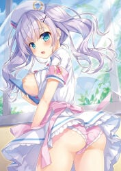1girl ameto_yuki ass blush breasts breasts_out exposed_breasts frilled_skirt frills hair_ornament hat highres large_breasts nipples nurse nurse_cap nurse_uniform open_shirt original panties purple_hair shirt sideboob skirt skirt_lift small_but_busty tied_hair twintails underwear
