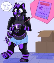 absurd_res anthro belly bottomwear box bulge clothing container drugs edible floor fur glistening glistening_body hi_res hybrid male mammal marijuana navel nipples obese obese_anthro obese_male onyx_obeast overweight overweight_anthro overweight_male purp_(onyx_obeast) purple_body purple_eyes purple_fur simple_background smile solo speech_bubble standing tail tail_motion tailwag text tile tile_floor trans_(lore) trans_man_(lore) whisker_spots