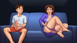 1boy 1boy1girl 1girls 2d_(artwork) balls big_breasts breasts brown_hair clothed clothing couch darkcookie debbie_(summertime_saga) digital_drawing_(artwork) digital_media_(artwork) erect_penis erection jerking jerkingoff light-skinned_female light_skin looking_at_another looking_pleasured main_character_(summertime_saga) masturbating masturbation milf on_couch panties panties_down penis penis_out pleasure_face robe stroking stroking_cock stroking_penis summertime_saga thick_thighs undressing