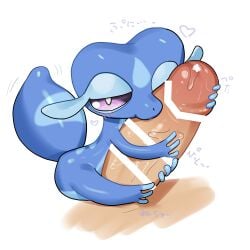 blue_body feral game_freak gecqua half-closed_eyes hugging_penis lizard miori nintendo penis pokemon pokemon_(species) pokemon_ww teramegagiga text white_background