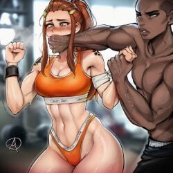 1boy 1girls ai ai_assisted ai_generated brigitte brunette caught dark-skinned_male defeated_heroine fit fit_body fit_female gym gym_clothes gym_shorts hand_on_mouth imminent_rape overwatch prussia123 restrained ryona sexy sexy_body sexy_clothing sexy_female skimpy_clothes