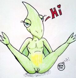 anthro blue_eyes dialogue dinosaur_train female flat_chested genitals pbs prehistoric_species presenting presenting_vulva pterodactylus pterosaur reddragonkan reptile scalie solo spread_legs spreading tiny_(dinosaur_train) traditional_media_(artwork) vulva