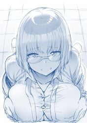 bangs breast_squeeze breasts commentary english_commentary female glasses hews_hack huge_breasts looking_at_viewer meme monochrome paizuri paizuri_under_clothes pov shinjou_akane shirt sketch solo_focus ssss.gridman taut_clothes taut_shirt