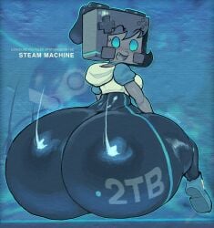 2025 2d 2d_(artwork) anthrofied ass ass_focus big_ass black_hair black_legwear blush blush_lines clothed clothing controller flustered high_resolution hoodie huge_ass looking_at_viewer looking_back robot robot_girl spicyfuse steam_(software) steam_machine_(valve) tagme valve valve_(company)