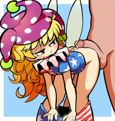 1girls american_flag american_flag_legwear american_flag_shirt blonde_hair blush bottomless breasts clownpiece cum female from_behind long_hair male notepaddy penis touhou