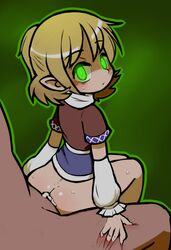 ambiguous_penetration blonde_hair blush bottomless cum cum_inside female from_behind green_eyes looking_at_viewer looking_back male mizuhashi_parsee notepaddy reverse_cowgirl_position sex short_hair skirt skirt_lift spread_legs touhou