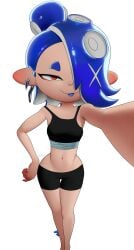 1girls alternate_version_available black_shorts blue_hair blue_tongue bottomwear breasts clothing crop_top ear_piercing earrings female female_only hair hair_over_one_eye half-closed_eyes hand_on_hip headwear hips looking_at_viewer nintendo p0stalk pointy_ears red_eyes shiver_(splatoon) shorts small_breasts solo solo_female splatoon tongue tongue_out topwear white_background