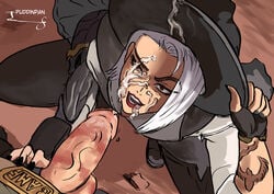 2d after_fellatio artist_name ashe_(overwatch) balls belt_buckle black_nails blizzard_entertainment boots brown_eyes clothed cole_cassidy cowboy_hat cum_on_clothes cum_on_face cum_on_lips cum_over_eye duo facial fellatio female fingerless_gloves footwear gloves hat highres huge_cock human lipstick lipstick_mark lipstick_on_penis lipstick_ring long_hair male male_pov nail_polish open_smile overwatch penis penis_out pov puddinpan red_eyes red_lipstick smile solo_focus squatting straight tattoo veiny_penis white_hair