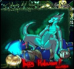 anthro bound cowgirl_position cuntboy cuntboy/male dragon drayk_dagger english_text flay glowing halloween holidays intersex intersex/male male sex text wingedwilly