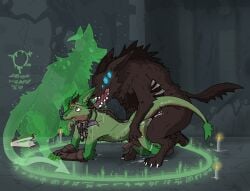 all_fours anal anal_sex anthro backsack balls big_teeth bodily_fluids body_writing book boots candle cave cave_background claws clothing cum cum_in_ass cum_inside cum_puddle drooling ectoplasm_drip feral footwear genital_fluids genitals ghost gloves group handwear hi_res horn ludwig_the_sergal male male/male monster mortuus multi_eye oral oral_penetration penetration ricthecusco ritual_circle saliva saliva_string sergal shoes sigils spellbook spirit tail tongue tongue_around_neck tongue_out trio zoophilia