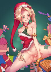 ambitious_elf_jinx blonde_hair breasts christmas christmas_outfit di_yi_xing_zian elf female green_eyes jinx_(league_of_legends) league_of_legends nipples pubic_hair pussy riot_games small_breasts vagina