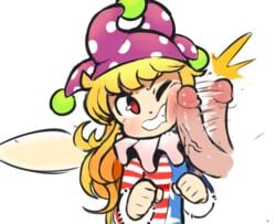 1girls american_flag american_flag_shirt blonde_hair breasts clownpiece female notepaddy penis penis_slap penis_slapping_face touhou