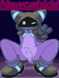 2025 2:3 anal animated anthro balls bent_legs blue_eyes bodily_fluids clothing crouching digital_media_(artwork) dripping erection footwear genital_fluids genitals gesture gloves half-erect hand_gesture handwear hood male male_only navel nawoshida one_eye_closed penis precum precum_drip purple_body purple_theme shoes short_tail signature solo tagme tail text unknown_species v_sign