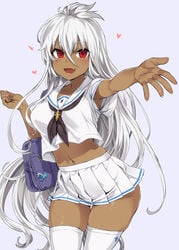 10s :d ahoge alternate_costume armpit_peek asanagi bag blush breasts commentary_request contemporary cowboy_shot crop_top crop_top_overhang dark-skinned_female dark_skin female granblue_fantasy heart highres large_breasts long_hair looking_at_viewer midriff navel neckerchief oerba_yun_fang open_hand open_mouth outstretched_arm pleated_skirt red_eyes revision school_uniform serafuku shoulder_bag simple_background skindentation skirt smile solo thighhighs very_long_hair white_background white_hair white_legwear zooey_(granblue_fantasy)