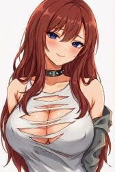 ai_generated anime big_breasts blue_eyes blush busty censored choker cleavage cleavage_cutout curvy cutout ecchi female female_only huge_breasts lollololli long_hair off_shoulder oppai red_hair ripped_clothing simple_background smile solo spiked_choker tank_top torn_clothes voluptuous white_background white_shirt