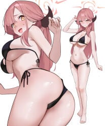 :d arms_up aru_(blue_archive) ass_focus barefoot black_bikini blue_archive blush closed_mouth embarrassed embarrassing_outfit from_behind front_view full-face_blush full_body gehenna_academy_student haro_art large_ass large_breasts looking_back multiple_views nervous_smile one_arm_up open_mouth problem_solver_68_(blue_archive) smile sweatdrop tricked