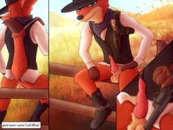 animal_genitalia anus balls boots canine clothed clothing colrblnd_(artist) comic cowboy disney duzt_(artist) footwear fox gun male male_only mammal nick_wilde penis presenting raised_tail ranged_weapon rdr2 red_dead_redemption red_dead_redemption_(series) sheath smoking weapon zootopia