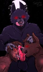 anthro balls black_fur brown_fur canine cum cum_on_face curse erection full_moon fur glowing glowing_eyes group halloween holidays human licking looking_at_viewer male mammal mind_control moon saliva sharp_teeth spiceboybebop teeth tongue tongue_out transformation were werewolf wolf yaoi