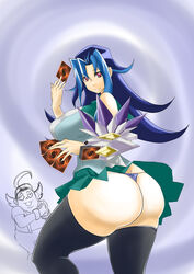 blue_hair card clothes female heart_eyes huge_ass huge_breasts kamishiro_rio legwear looking_at_viewer megamorph miniskirt red_eyes ring rio_kamishiro smile takeda_tetsuo thong tomoki_(dais729sof) underwear yu-gi-oh! yu-gi-oh!_zexal