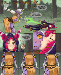 1futa 2girls animal_ears ass big_bulge big_penis blush breasts bulge clothing comic dialogue dickgirl erection_under_clothes female futanari horn intersex kiss league_of_legends penis penis_under_clothes ponytail purple_skin red_hair riot_games smooth_skin soraka tenting white_hair windeburg xayah