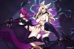 2girls ahri alternate_costume areolae ass blonde_hair breasts clothing dildo double_dildo evelynn female female_only high_heels k/da_ahri k/da_evelynn k/da_series league_of_legends lipstick long_hair multiple_girls nipples penetration pussy sex spread_legs thighhighs vaginal_penetration velvetqueenh yuri