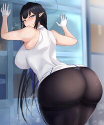 ass ass_focus bare_arms bare_shoulders black_hair black_legwear blue_archive blue_eyes breasts closed_mouth female glasses gloves halo highres huge_ass large_breasts looking_at_viewer looking_back pointy_ears rin_(blue_archive) shirt sleeveless sleeveless_shirt thighs tyamurai33 white_gloves white_shirt