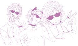 2boys animal_ears ayato_yuri bell cat_ears earrings jewelry male male_focus male_only monochrome multiple_boys nail_polish nipple_piercing nipples oral penis piercing ring sequential shirt smile solo sunglasses tongue tongue_out tongue_piercing uncensored yaoi yarichin_bitch-bu