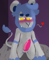 1boy alpha_channel animal_genitalia bed bedroom_eyes blue_fur blush dipstick_tail fangs feline fur gallil grey_fur half-closed_eyes heart invalid_tag leyon lineless lion low_quality male male_only mammal multicolored_tail penis pink_penis purple_background red_penis seductive simple_background solo unknown_(disambiguation) yellow_eyes