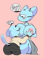 1boy 1girls 2018 anthro big_breasts blue_fur breast_sucking breastfeeding breasts cartoon_network clothing elchilenito feline female fur furry gumball_watterson incest lactating male mammal mature_female mother mother_and_son nicole_watterson nipples parent son straight sucking the_amazing_world_of_gumball