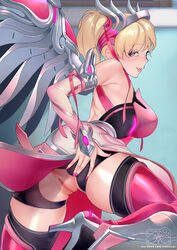 1girls alternate_costume anus ass blonde_hair breasts cleavage exposed_pussy female female_only fully_clothed heart-shaped_pupils mercy nail_polish overwatch pandami pink_mercy pink_nails pussy solo