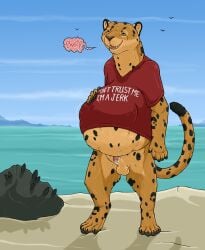 after_sex ambient_bird animal_genitalia anthro anthro_pred avian balls beach belly big_belly bird bodily_fluids bottomless clothed clothing cum cum_on_penis english_text felid feline flaccid fully_inside fur genital_fluids genitals hi_res hyper hyper_belly leopard looking_pleasured male male_anthro male_pred mammal markings outside pantherine penis retractable_claws same_size_vore sand sea sheath shirt shirt_only solo spots spots_(strega) spotted_body spotted_fur stomach_bulge strega tail tan_body tan_fur text text_on_clothing topwear topwear_only vore vore_belly water whiskers