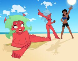 3girls arrest ass beach bikini blue_hair bottle breasts crossover dark-skinned_female dark_skin demon_girl disney female female_only green_hair horns killer_lotion kneesocks_daemon lilo_and_stitch lotion nani_pelekai nude panty_&_stocking_with_garterbelt red_skin rodjim scanty_daemon sisters snuff straight_hair sunbathing sunscreen swimsuit towel