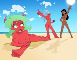 3girls arrest ass beach blue_hair bottle breasts dark-skinned_female dark_skin demon_girl disney female female_only green_hair horns killer_lotion kneesocks_daemon lilo_and_stitch lotion multiple_girls nani_pelekai nipples nude panty_&_stocking_with_garterbelt peril pussy red_skin rodjim scanty_daemon sisters snuff straight_hair sunbathing sunscreen towel