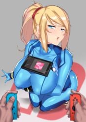 arm_under_breasts aster_crowley bangs blonde_hair blue_bodysuit blue_eyes bodysuit breast_hold breasts breasts_out controller covered_nipples electronics eyebrows_visible_through_hair female game_console handheld_game_console hands high_ponytail highres hips joy-con kneeling large_breasts looking_at_viewer metroid mole mole_under_mouth nintendo nintendo_switch object_on_breast on_knees open_mouth playing_games ponytail pov pussy revealing_clothes samus_aran seiza sitting skin_tight solo_focus swept_bangs switch tablet turtleneck uncensored utility_girl zero_suit zero_suit_samus