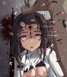 1boy arknights bite_mark bite_mark_on_breast black_bra blood bra bra_lift brain_fuck breasts breasts_out brown_hair censored clothes_lift crying death empty_eyes execution female female_death gore grabbing_another's_hair guro headshot highres holding_another's_hair id_card jacket large_penis long_hair material_growth mosaic_censoring necrophilia nipples open_clothes open_jacket open_mouth oripathy_lesion_(arknights) penis priestess_(arknights) purple_eyes sex shaded_face shirt skull_fucking small_breasts snuff solo_focus straight streaming_tears tears torn_clothes torn_shirt underwear upper_body vixen9 white_jacket white_shirt