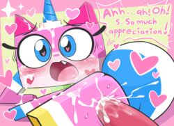 ! <3_eyes ... 2018 anus blush cum cum_in_pussy cum_inside driosawm female heart horn lego male open_mouth pink_body pussy sex solo straight the_lego_movie unikitty