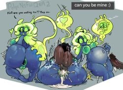 big_balls big_penis blue_skin cum cum_belly cumflation dark-skinned_male gape generalplorp glasses green_eyes green_hair inflation mating_press missionary_position penis polga_(generalplorp) sex slime slime_girl storm_(stormtm) tagme text