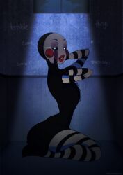 1girls ambiguous_gender bizounette black_sclera black_skin buttons eyeshadow five_nights_at_freddy's flat_chest glowing_eyes heels high_heels mahmapuu makeup marionette_(fnaf) older_female puppet_(fnaf) stripes tagme tall_female tall_woman text thick_ass thick_lips thick_thighs thin_waist white_face