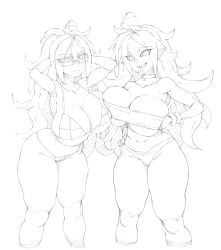 2girls android_21 android_21_(human) arms_behind_back arms_up big_breasts bikini black_sclera breasts busty cleavage dragon_ball dragon_ball_fighterz dual_persona female female_only glasses grabbing_own_breast hand_on_hip huge_breasts long_hair looking_at_viewer majin_android_21 makinakid navel pointy_ears swimsuit thick_thighs tongue tongue_out