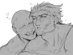 2boys baimonbluewhale bald bite_mark blush deadpool facial facial_hair gay james_howlett logan_(x-men) male male/male marvel monochrome muscles muscular_male scars_all_over short_hair tongue_out wade_wilson wolverine_(x-men) x-men yaoi