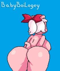 2018 ass babyboilogey blue_background breasts cute emelie_(cyancapsule) female female_focus female_only freckles furry nipples original original_character pig pig_girl pink_skin pixel_art presenting_hindquarters purple_eyes suina teenager thick_thighs thighs white_hair