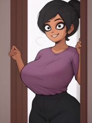 1girls ai_generated black_hair black_nails breasts breasts_focus clothed female female_only hairbun large_breasts maya's_mom milf ongezellig sfw short_hair soei_schoppenboer solo solo_female t-shirt yoga_pants