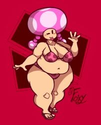1girls belly bikini blinking blush_lines chubby chubby_belly chubby_female epixfoxy fat female female female_only mario_(series) mob_face mushroom_girl mushroom_humanoid nintendo red_background sandals thick_thighs thighs toadette twintails voluptuous voluptuous_female wide_hips