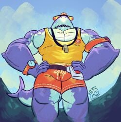 bara breasts censored fortnite lifeguard male male_focus male_only pecs safety_first_steve_(fortnite) shark solo solo_focus solo_male