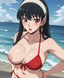 1girls ai_generated aindroidparanoid beach bikini black_hair breasts_out female female_only huge_ass huge_breasts huge_butt human large_ass large_breasts long_hair nipple_slip nipples ocean outdoors red_eyes solo spy_x_family stable_diffusion straight_hair swimsuit tits_out yor_briar yor_forger