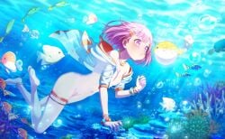 almost_naked alone blush card_edit fish jacket_open no_bra no_panties no_skirt one_girl ootori_emu out_of_breath pink_eyes pink_hair pink_nipples project_sekai underwear