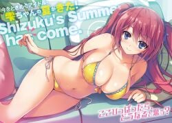 bare_arms bare_belly bare_legs bare_shoulders bare_thighs belly_button big_breasts bikini blue_eyes blush body_blush breasts classroom_of_the_elite cleavage colored idol long_hair lying_on_couch modeling mouth_closed novel_illustration official_art purple_hair ribbons sakura_airi shiny_skin smile thighs tomose_shunsaku twintails yellow_bikini