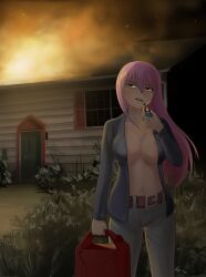 1girl big_breasts black_eyes cigarette cleavage female female_only fire house_fire jerry_can kimmi_(kimmi_the_anime_love_doll) kimmi_the_anime_love_doll lighter pink_hair rajszamderrs sonichu
