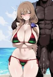 1boy 1girls ai_generated ass beach bikini blush breasts dark-skinned_male dark_skin embarrassed genshin_impact hips huge_ass huge_breasts interracial light-skinned_female light_skin lisa_(genshin_impact) mihoyo muscular muscular_male navel outside pan-african_colors pan-african_flag pan-african_flag_bikini pan_african_colors size_difference sweat sweatdrop swimsuit thick_thighs thighs trembling truck-kun_art truck_kun wide_hips